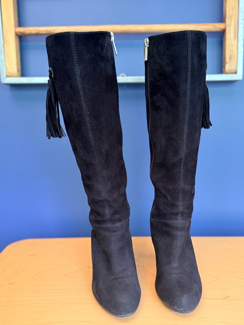 Bandolino Black Over-the-Knee Suede Boots with Tassel Zip, Size 5